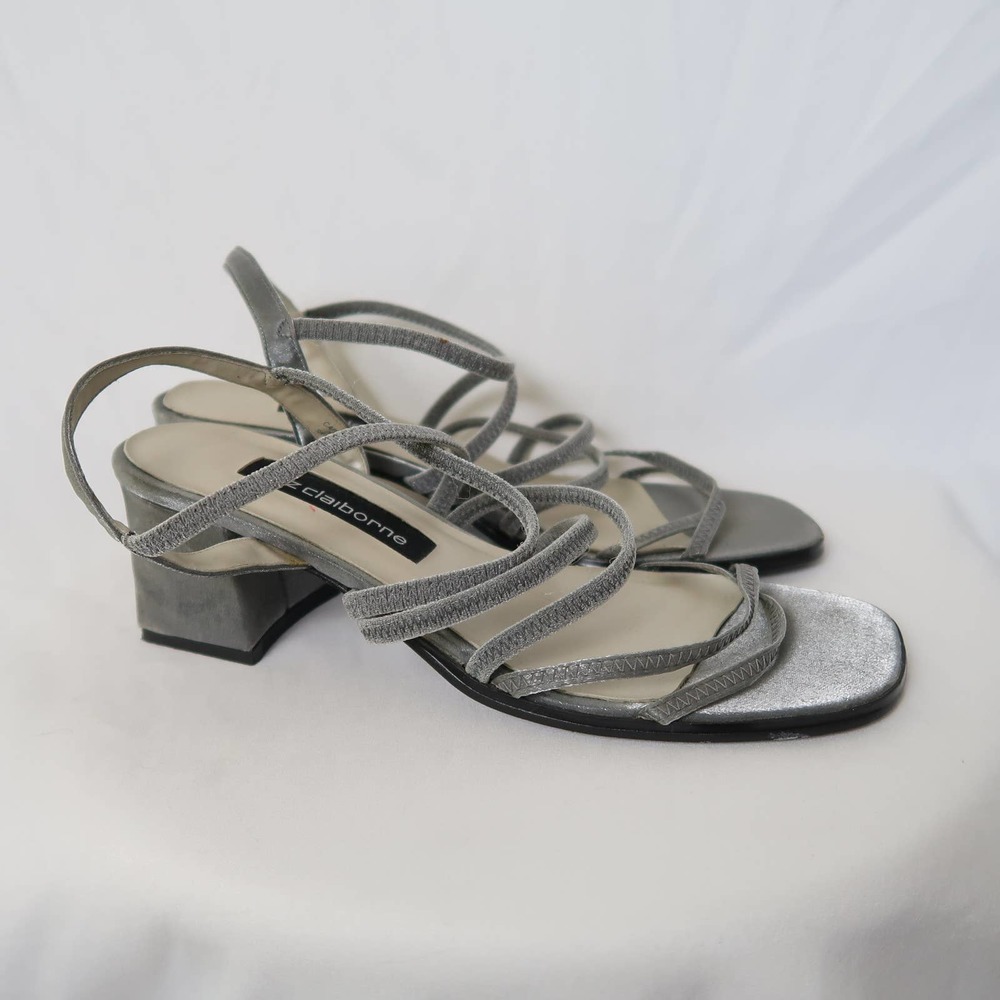 Vintage 90s Liz Claiborne silver grey satin fabric strappy sandal heels 7